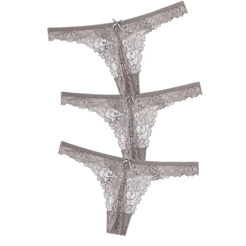 3Pcs/Lot Sexy Lace Thong Low Waist Lace Transparent Panties Women Hollow out Breathable G String Briefs Bow Underwear Lingerie