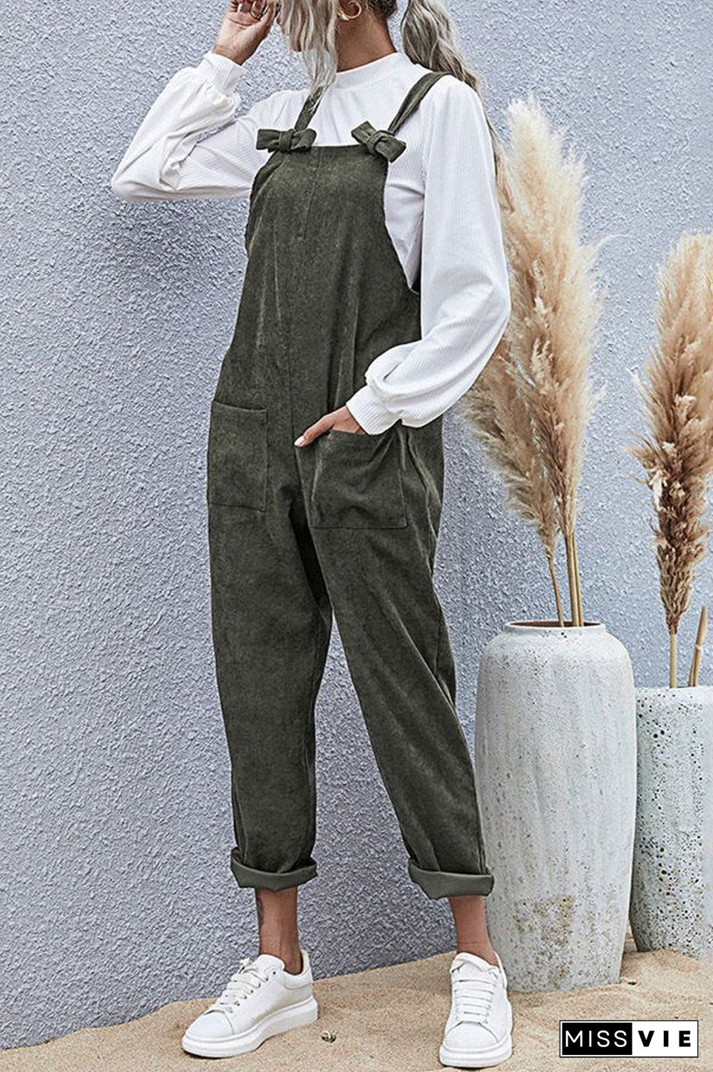 Solid Bowknot Double Pockets Overall