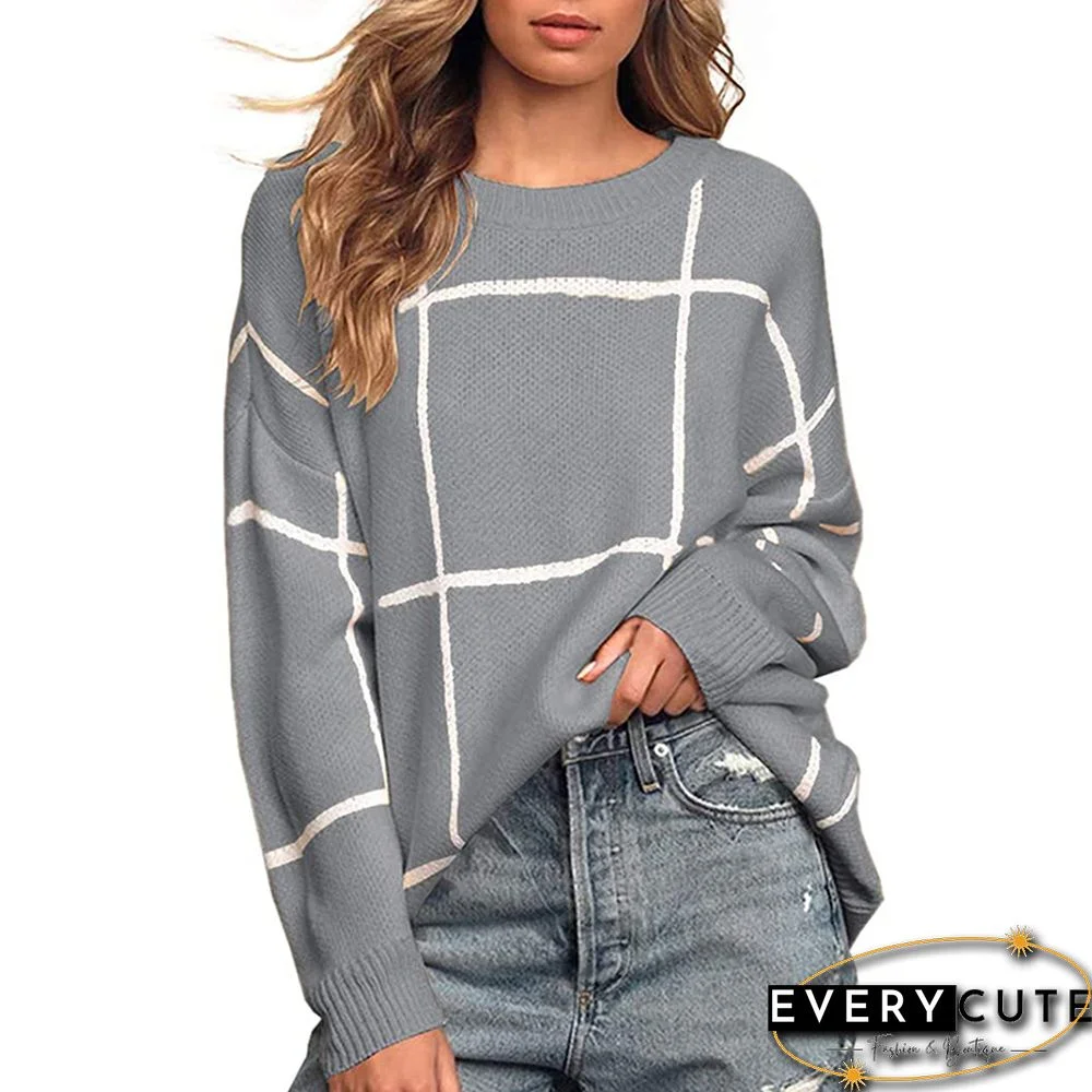 Gray Plaid Print Pullover Knit Sweater