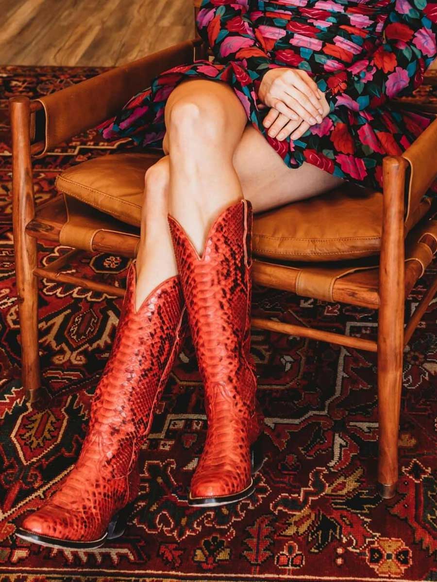 Red Distressed Vegan Leather Snip Toe Python Touch Wide Calf Knee High Cowgirl Boots