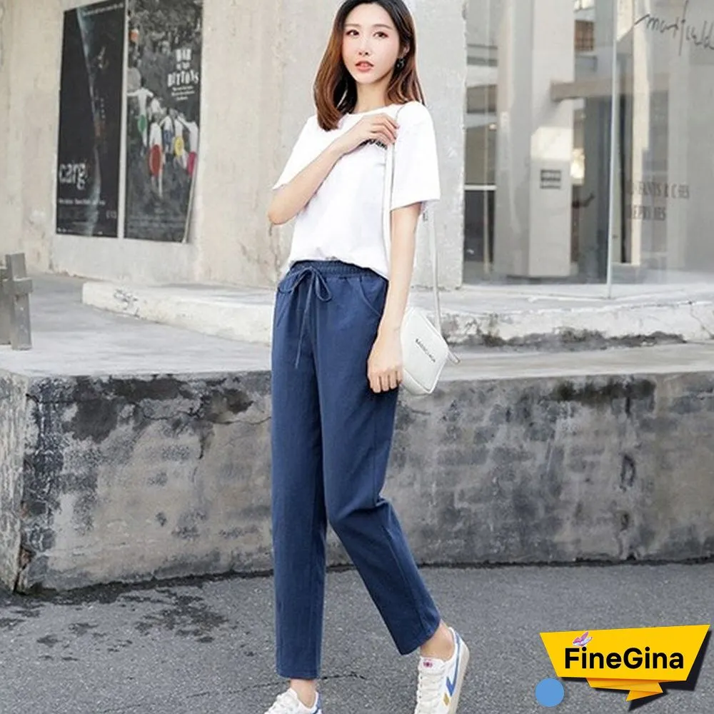 Woman Summer Harem Pants Vintage Candy Colors Cotton Linen Wide Leg Pants Solid Elastic Waist Ankle-length Capris Trousers