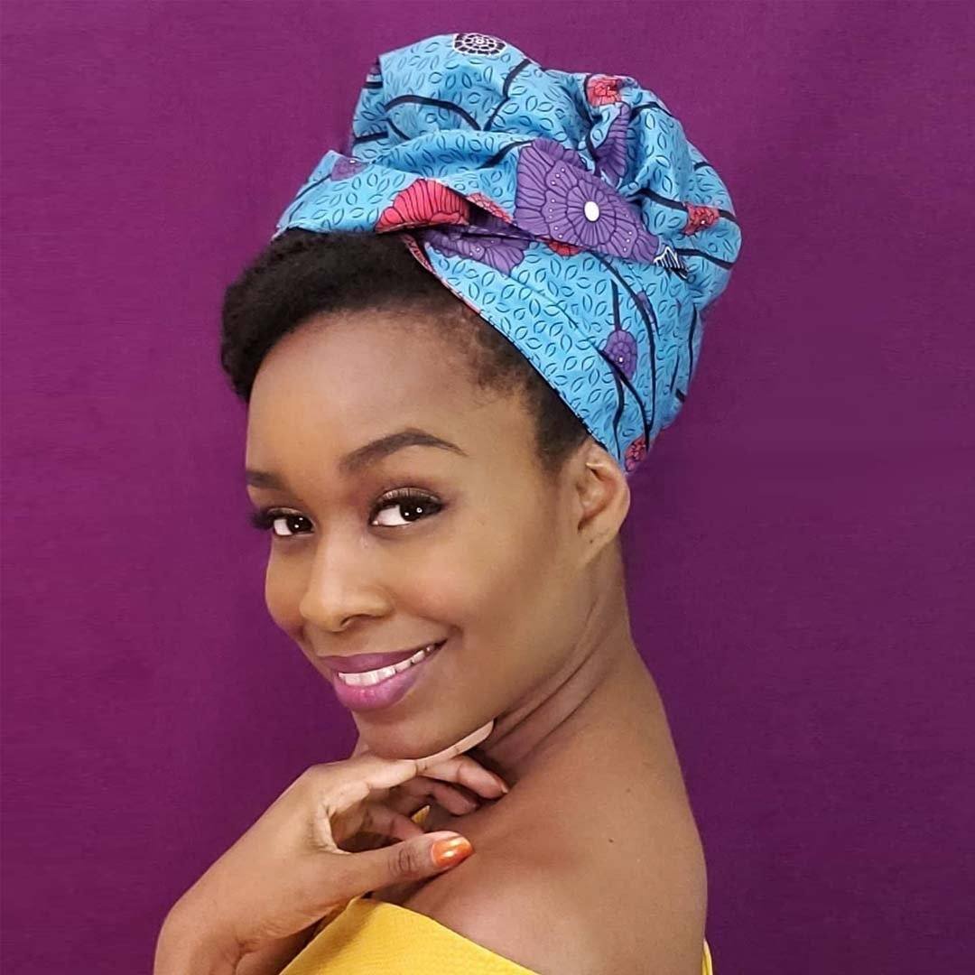African Print Headwrap Combined With A Nightcap(Blue Red Flower )-XL