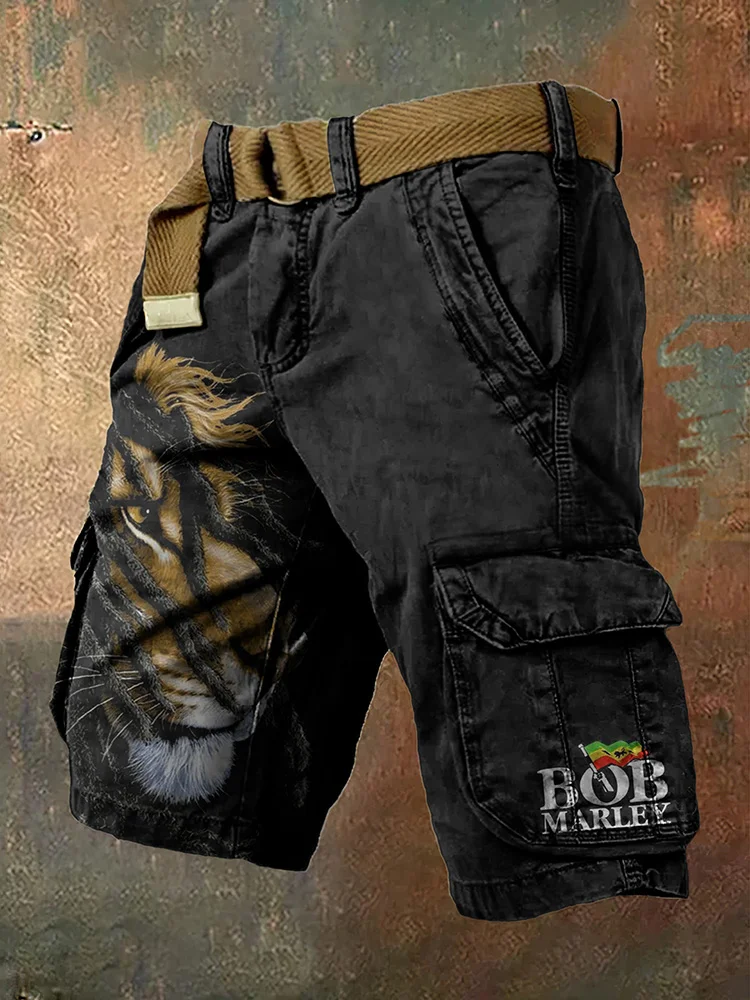 Retro Reggae Lion Bob Marley Print Men's Cargo Shorts