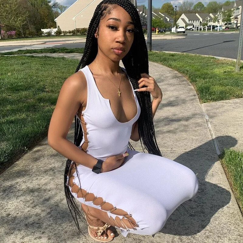 Hugcitar 2021 Sleeveless Solid Clip Hollow Out Slit Sexy Dress Summer Women Streetwear Party Club Outfits Y2K