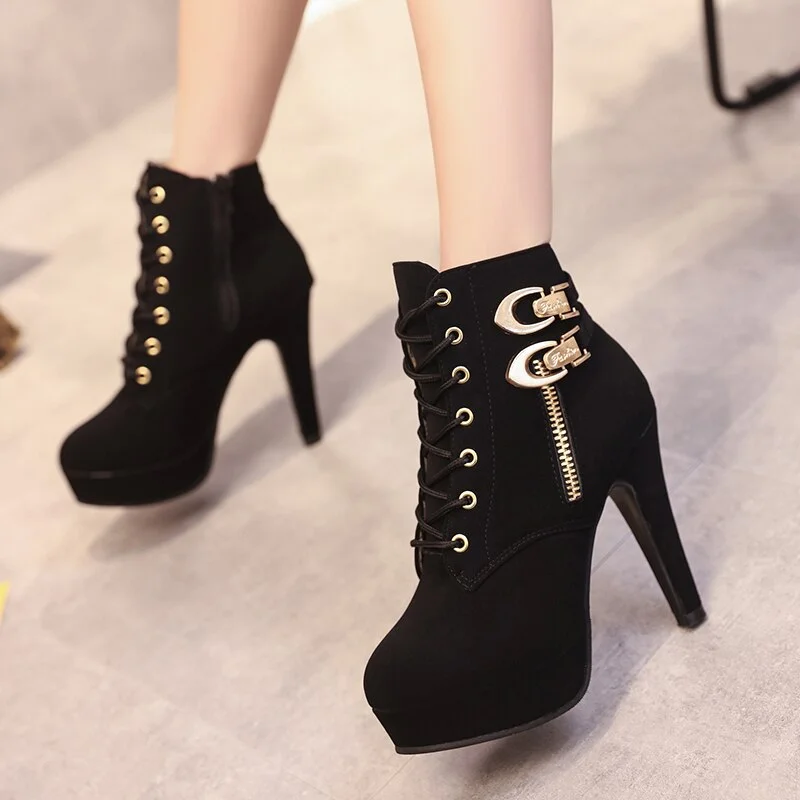 Qengg Size Ankle Boots Women Platform High Heels Female Lace Up Shoes Woman Buckle Short Boot Casual Ladies Footwear Drop Ship