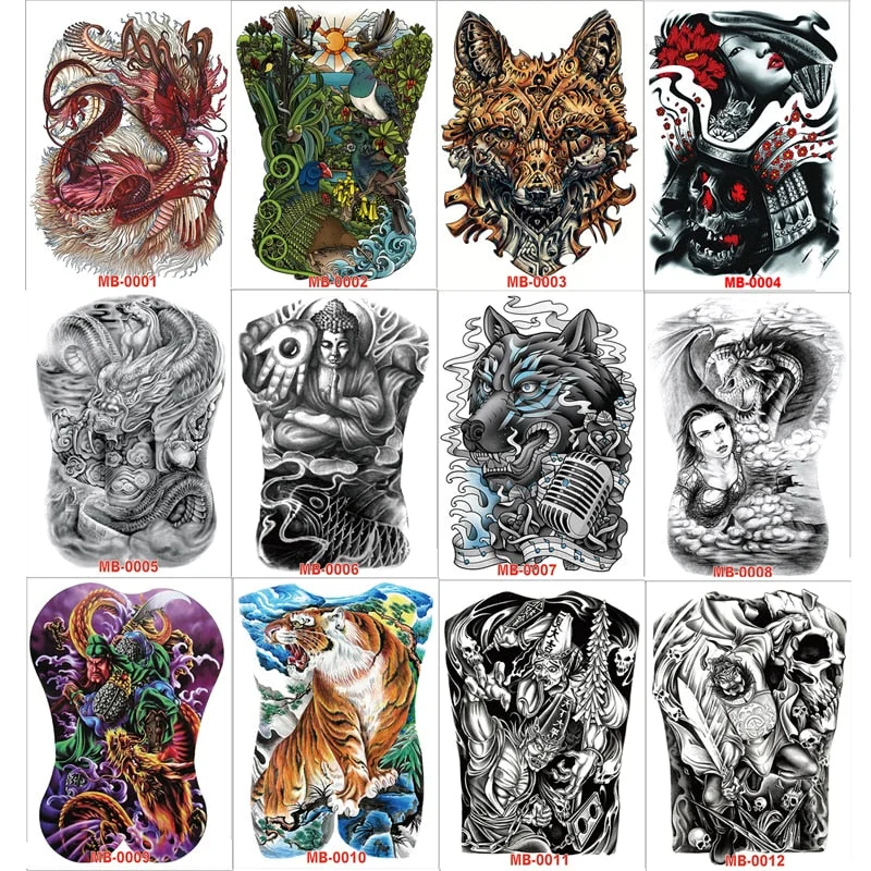 48*35 cm large tattoo stickers 2018 new designs fish wolf buddha waterproof temporary flash tattoos full back chest body for men