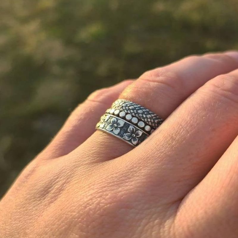 Square Floral, Hammered Bead, and Snakeskin Pattern Wide Set of 3 Stack Rings Gifts for Friends