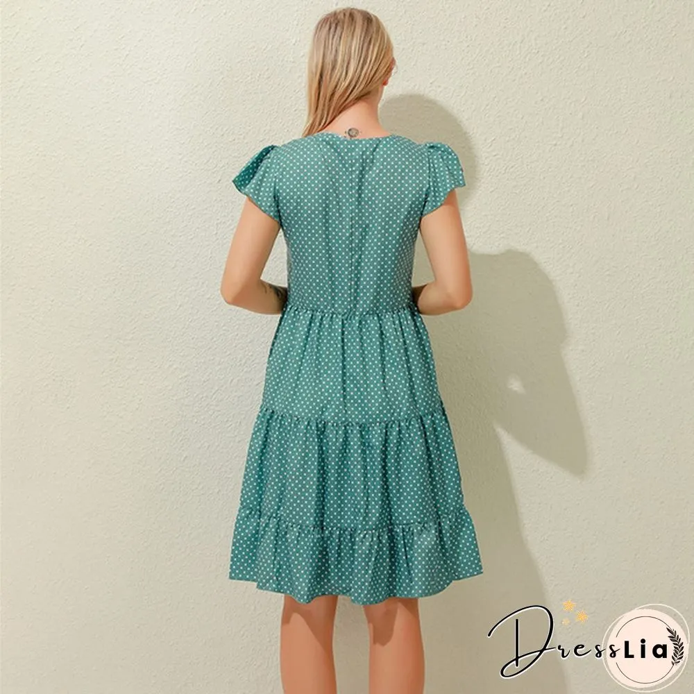 Summer Sundress Women Ruffles Sleeves V-Neck Dot Boho Vest Multi-Layer Connection Hem