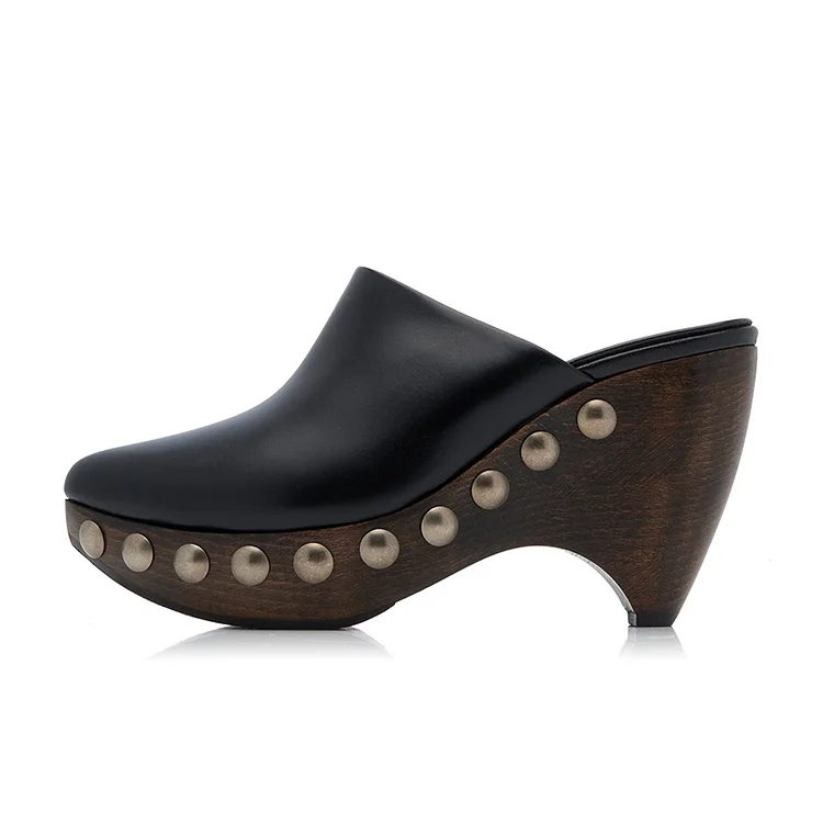 Black Round Toe Mule Heel Vintage Platform Studs Pumps Block Heels |FSJ Shoes