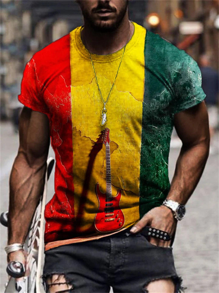 Men's Reggae Lover Guitar Rasta Colorblock T Shirt