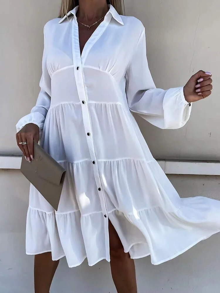 Elegant Turn Down Collar Button Shirt Dress Spring Women Casual Long Sleeve Loose Party Dress Summer Fashion Simple Mid Dresses