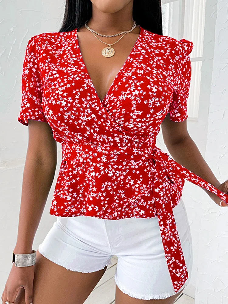 Floral Print Cross Wrap Bandage Short Sleeve Women Blouses SKUI96254 QueenFunky