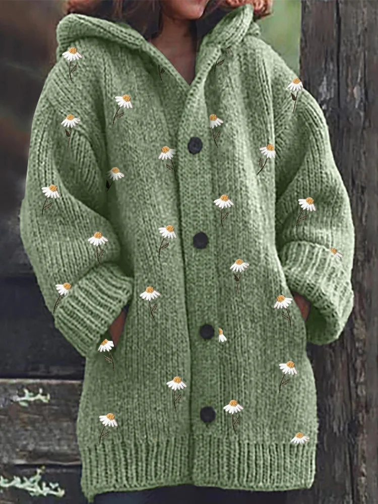 Comstylish Cottage Daisy Embroidery Pattern Cozy Knit Hooded Cardigan