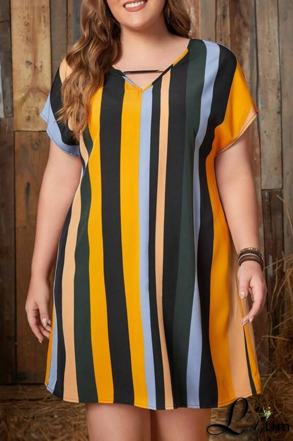 Yellow Casual Striped Print Basic V Neck Short Sleeve Dress Plus Size Dresses