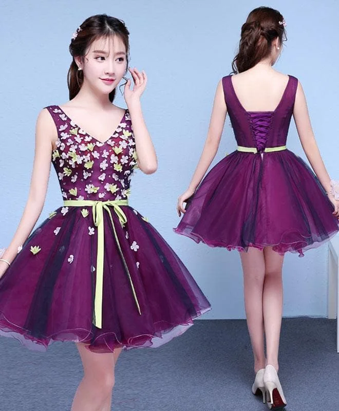 Purple V Neck Tulle Short Prom Dress, Homecoming Dress