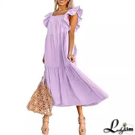 Square Collar Off-the-Shoulder Pleated Dress for Women