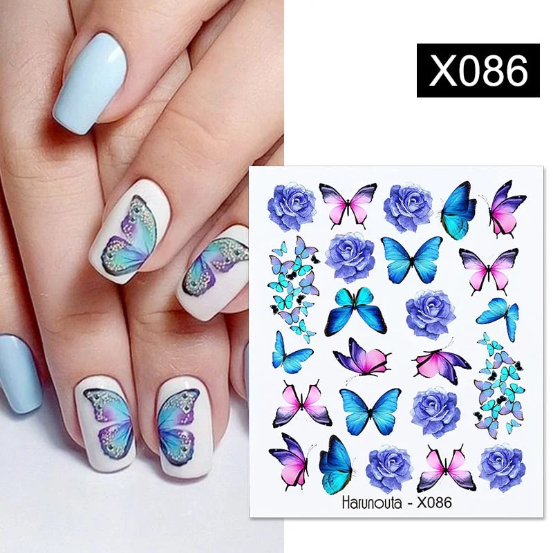 Harunouta Blue Purple Translucent Flower Water Decals Stickers Floral Leaves Transfer Geometric Lines Slider Nail Art Decoration-Nail Inspo