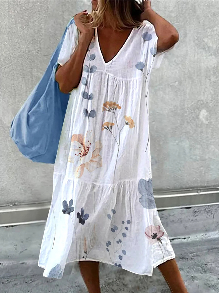 Comstylish Retro Floral Print Linen Blend V-Neck Cozy Maxi Dress