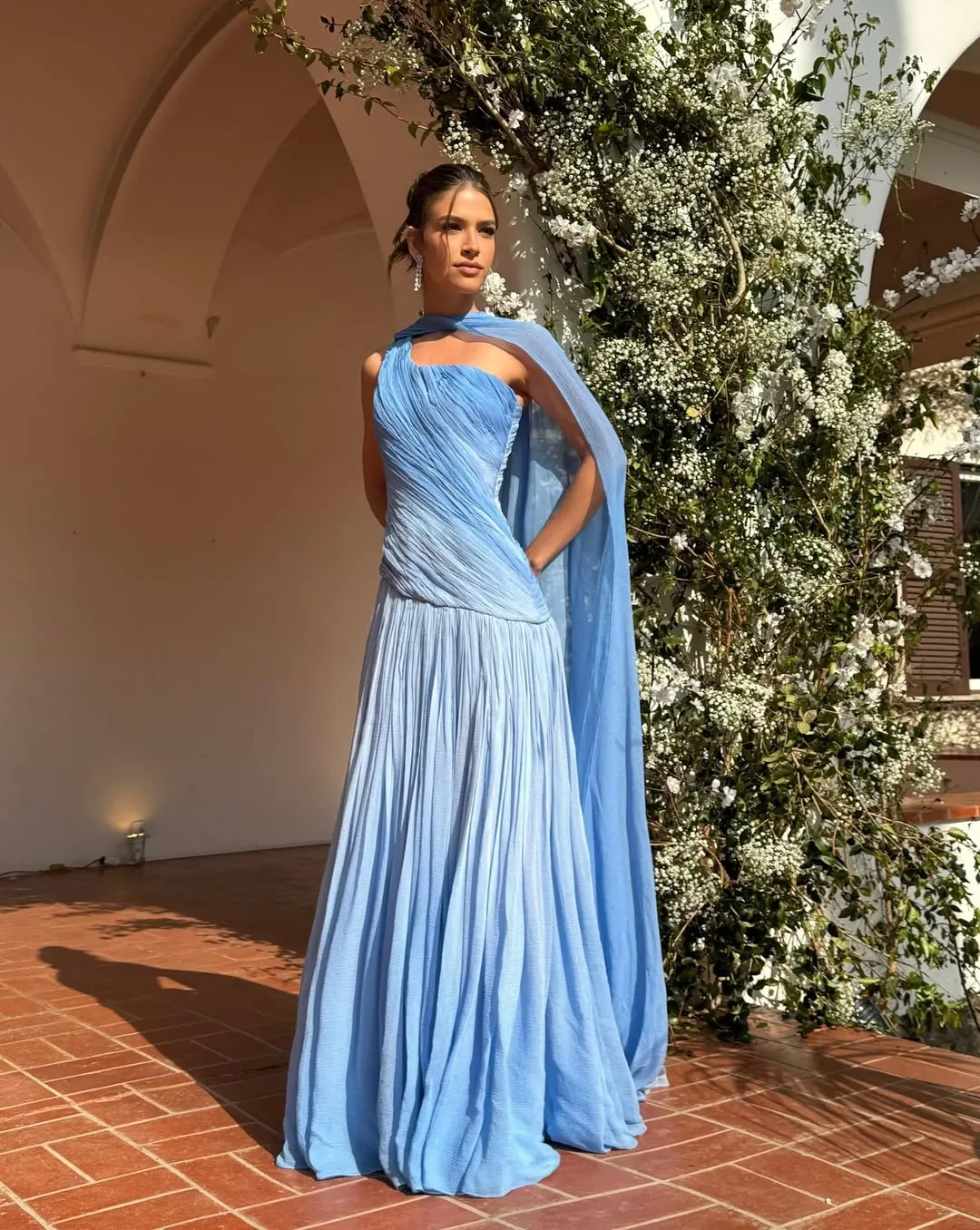 Lussooy Charming Pleated Sleeveless One Shoulder Prom Dress With Shawl  
