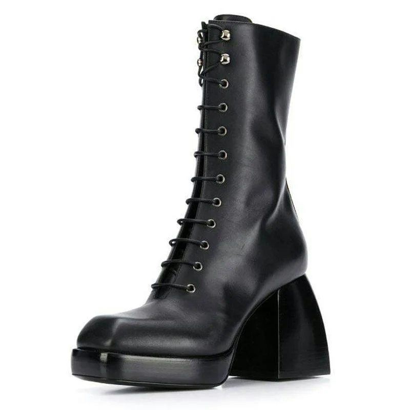 Women's Cowhide Platform Mid-Tube Martin Boots  Side Zipper Thick-Soled Motorcycle Lace-Up Ankle Boots Novameme