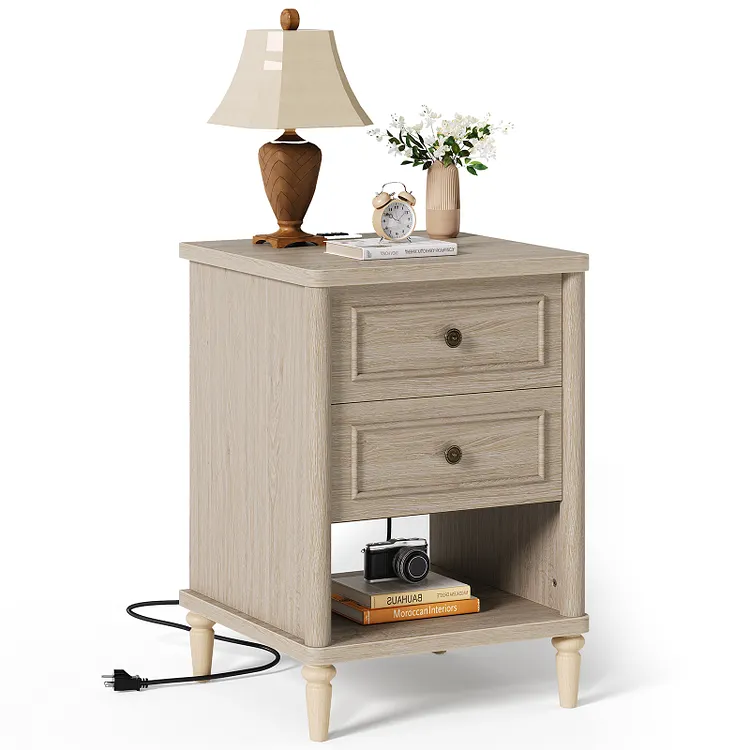 Bestier Farmhouse Nightstand with 2 Drawers, Wood Bedside Table with Charging Station, Sofa Side End Table Night Stand for Living Room, Bedroom, Home Office