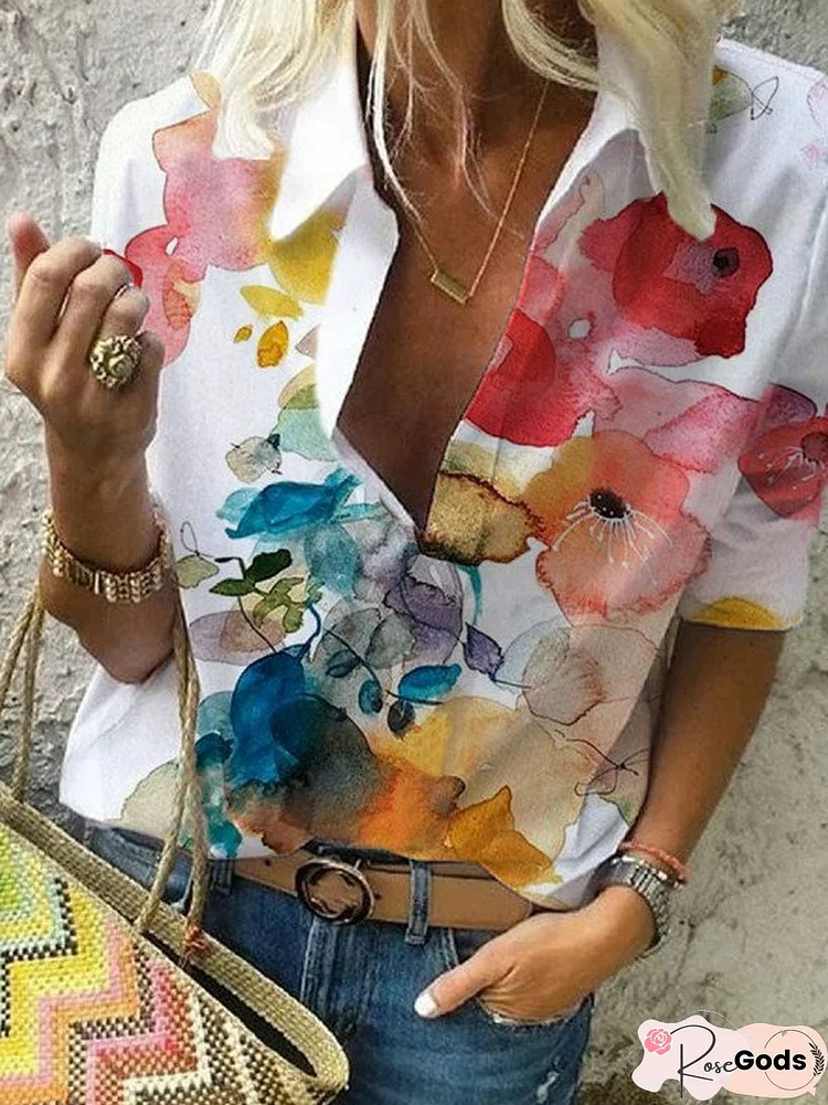 Casual Floral Print V-Neck Blouse