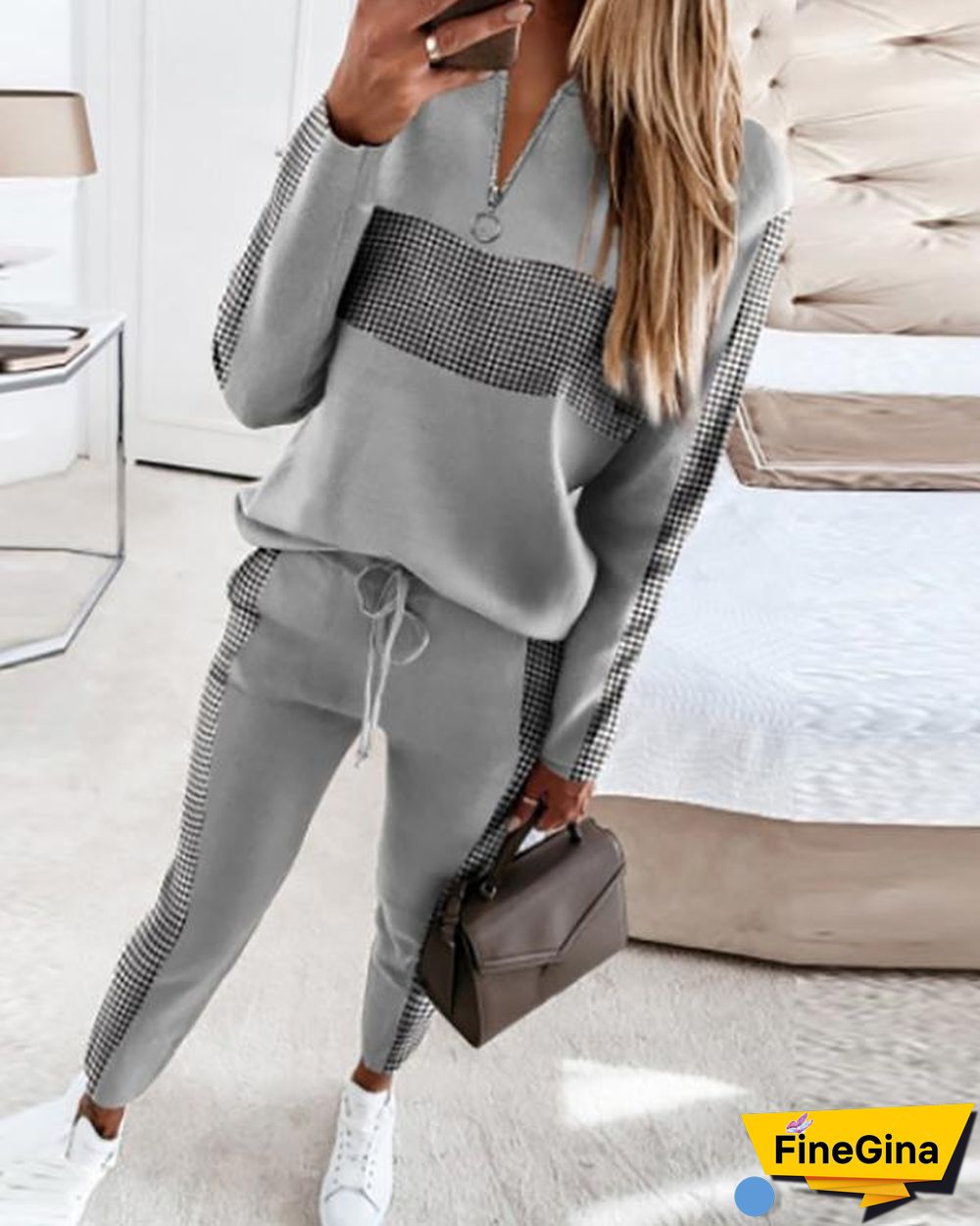 New Contrast Plaid Top & Drawstring Pants Set