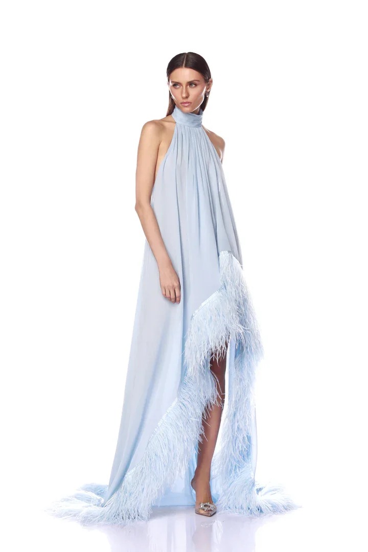 Lussooy Sky Blue Chiffon Halter Strap Backless Evening Dress Hi-Lo With Feather