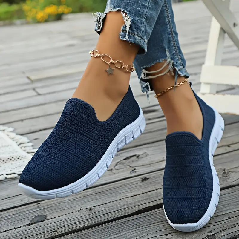 Dams andningsbara stickade slip-on sneakers - avslappnade rund tå i mesh med gummisula, för vardags- och sportkläder, fritidskläder|andningsbar meshdesign|gummidetaljer 1