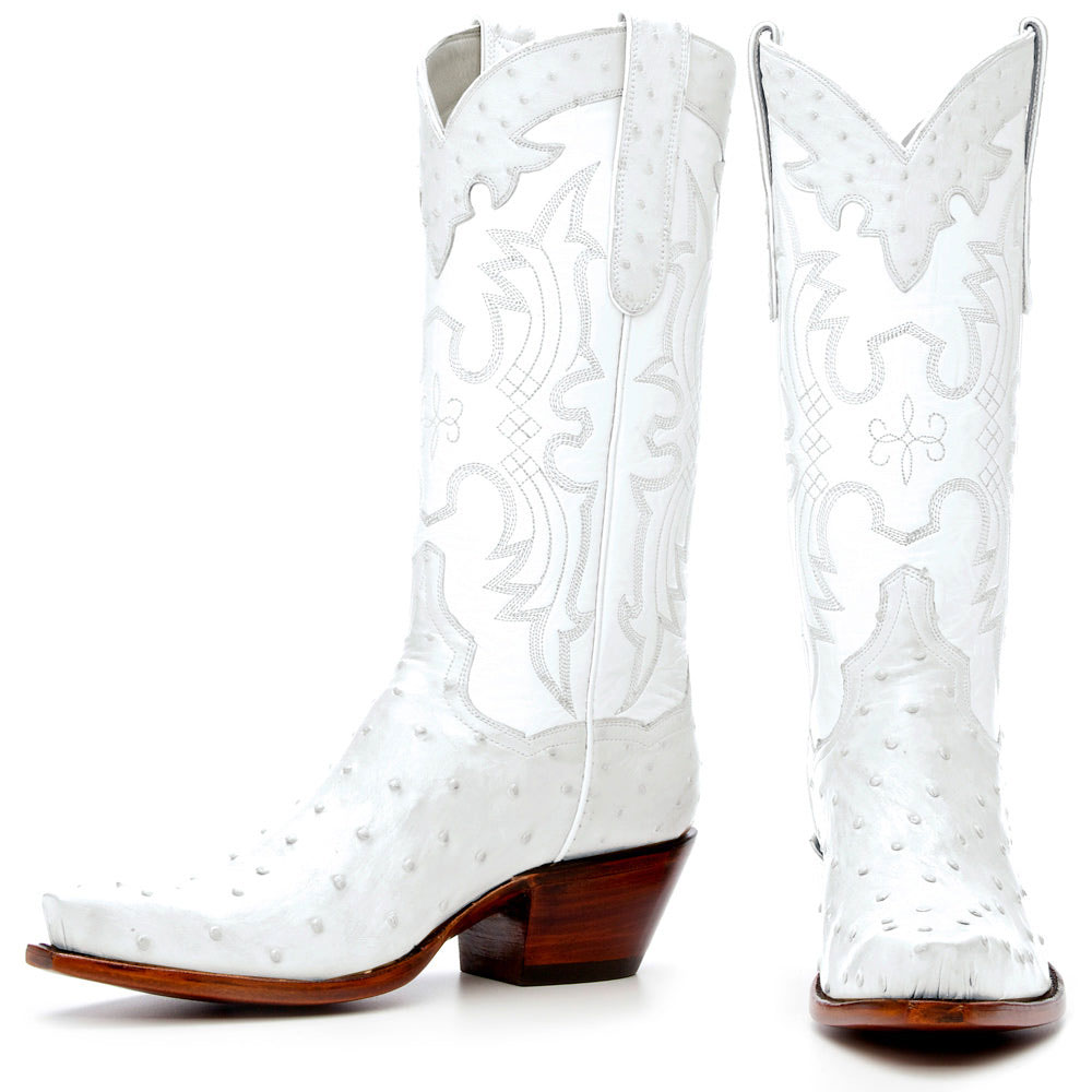 White Ostrich Embossed Embroidered Snip Toe Chunky Heel Cowgirl Boots Nicepairs