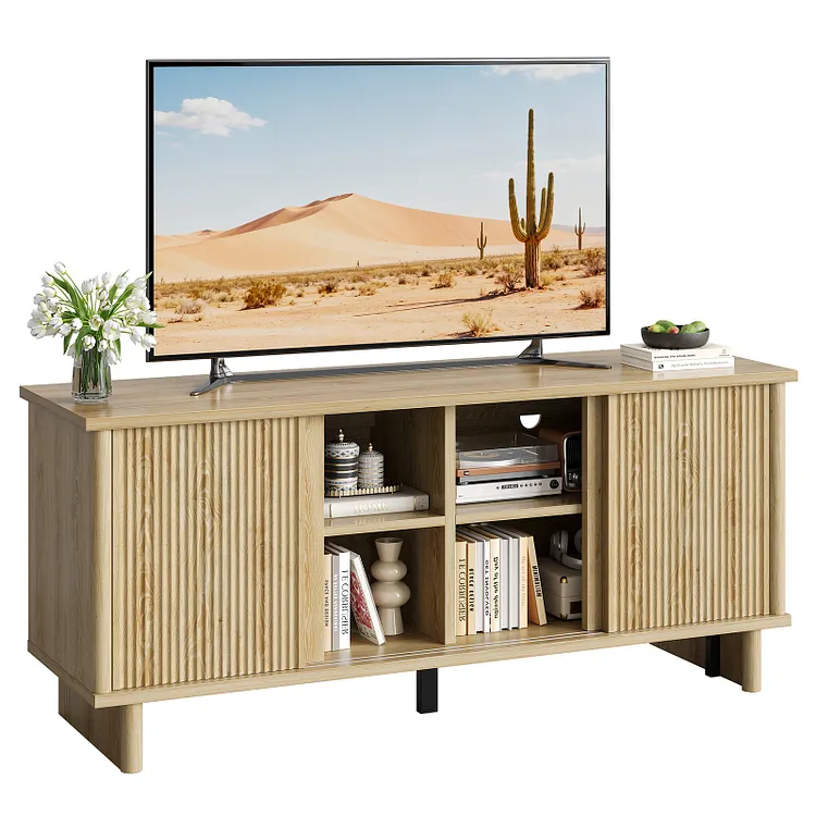 Bestier Mid Century Modern TV Stand for 75 Inch TV, Entertainment Center with Grooved Sliding Doors, 3-Height Adjustable Shelves, Media Console Table with Cable Management, TV Cabinet for Living Room Bedroom