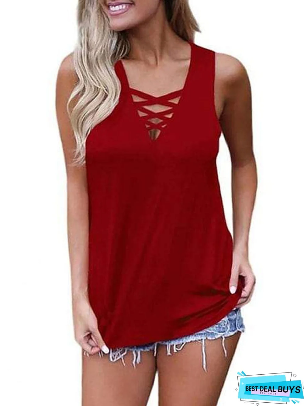 Women's Summer Tank Tops Criss Cross Casual Solid Sleeveless Lace Up Blouse (X-Large, Black)