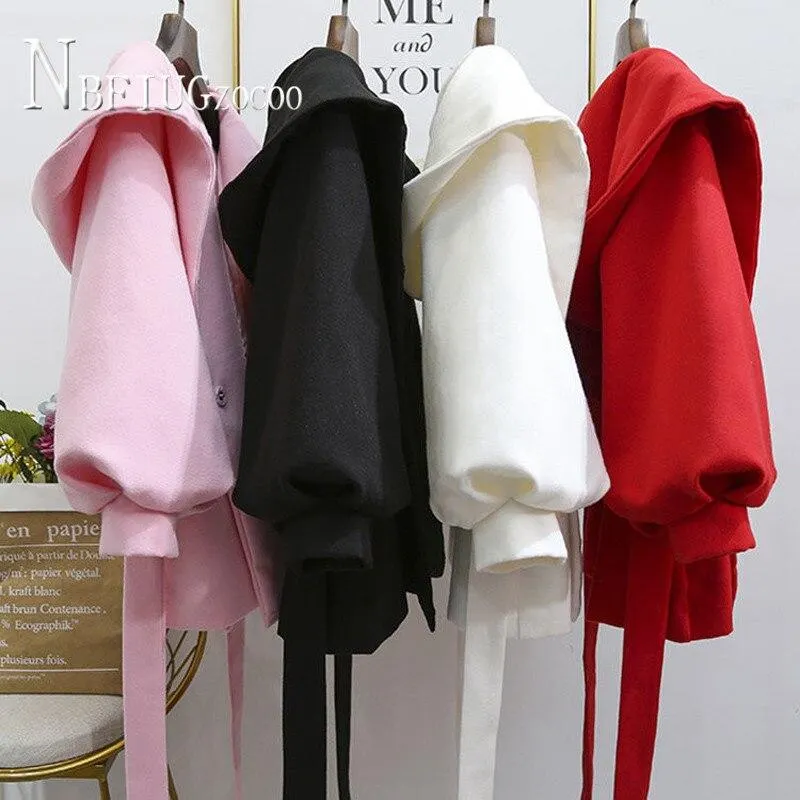 2020 Women Woolen Coat Solid Color Hooded Waist Strap Female Jacket