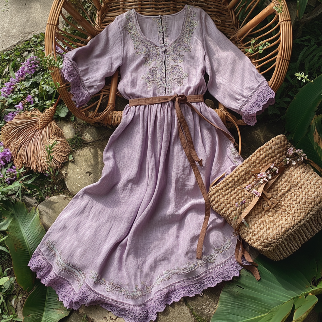  Embroidered Floral Dress with Woven Bag - Perfect for Spring and Summer Outings