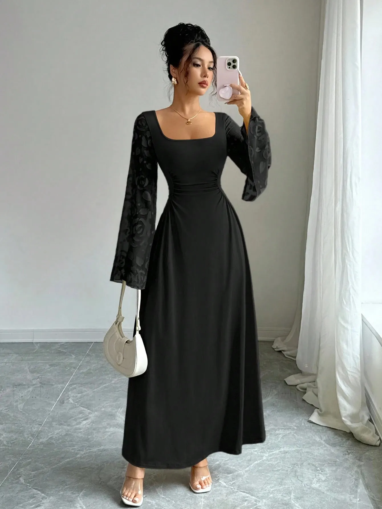 Women Square Neck Lace Flare Sleeve Maxi Dress