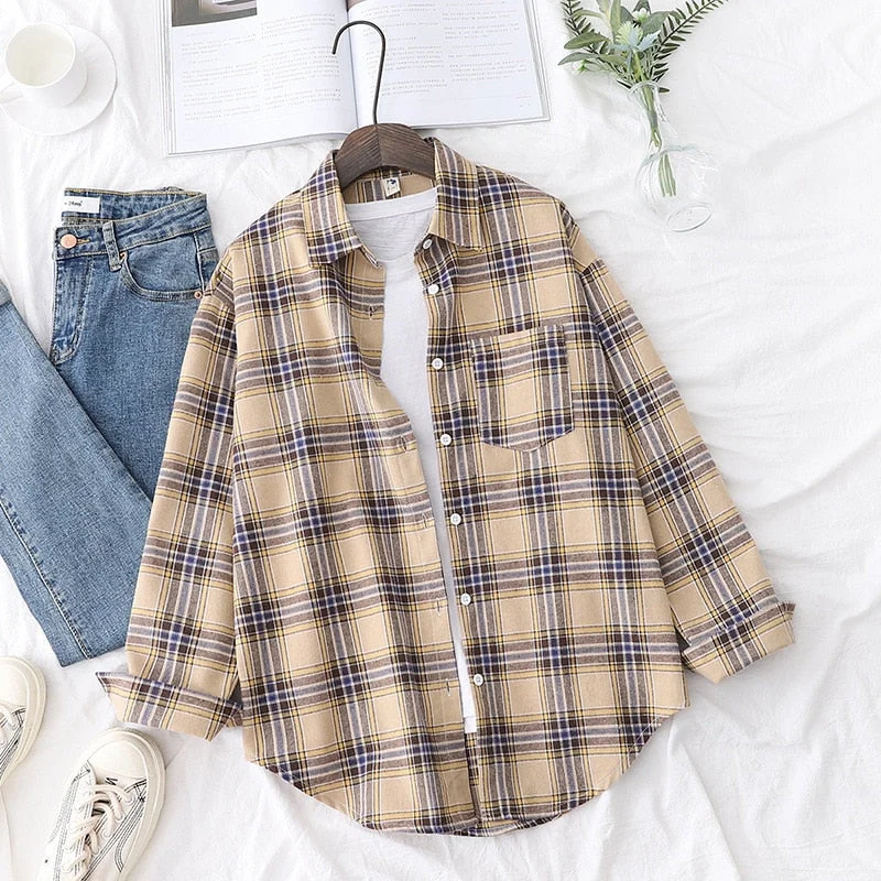 30 Colors Autumn New Women Vintage Oversize Flannel Plaid Shirt With Pockets Full Sleeve Turn Down Collar Blouse Casual Tops T16