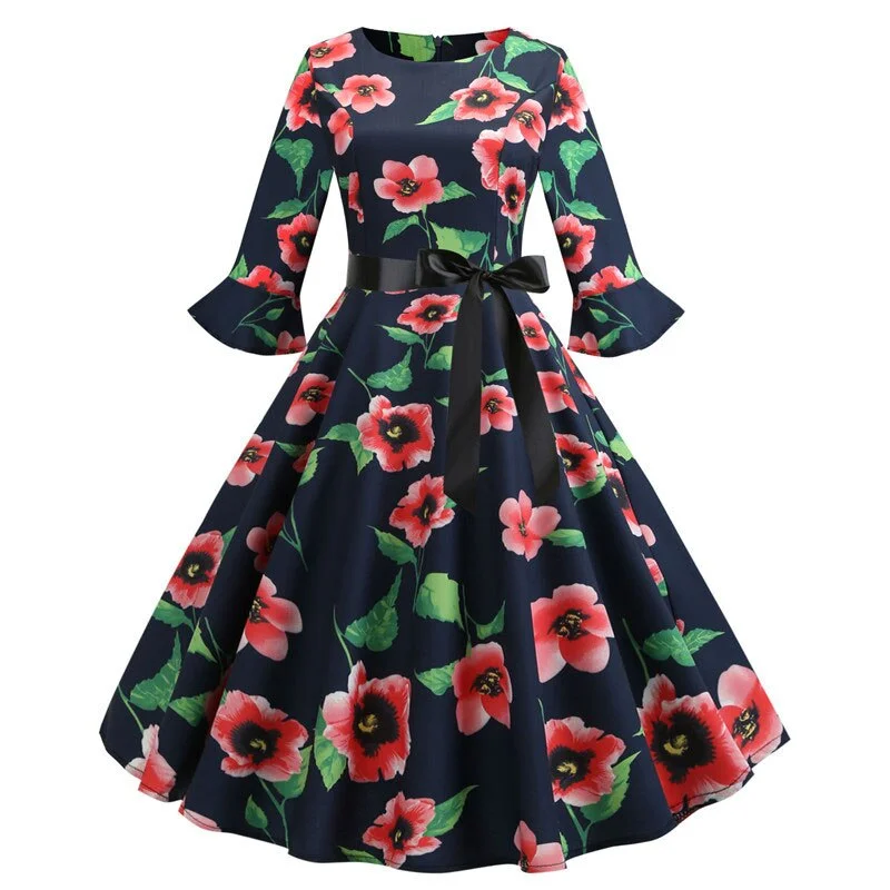 Floral Print Vintage Dress Christmas Dress Women Winter Elegant Party Dresses  Petal Sleeve Casual Midi Dress