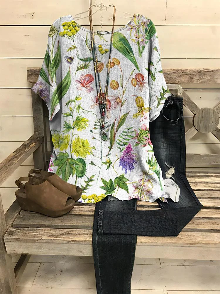 Women's Flowers Print Half-sleeve Round Neck T-shirt