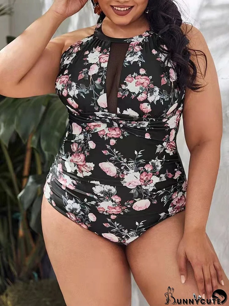 Plus Size Vintage Printed Mesh Panel One Piece Swimwear