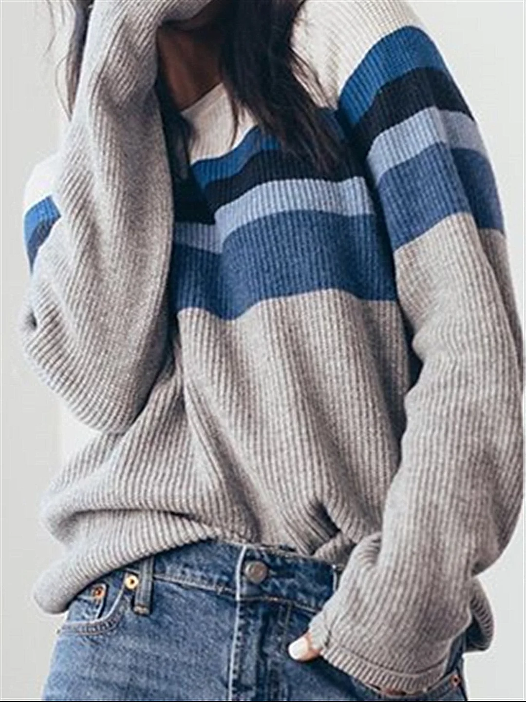 Basic Casual Autumn Knitted Grey Blue Top