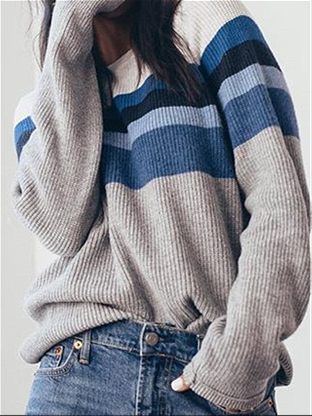 Basic Casual Autumn Knitted Grey Blue Top | EGEMISS