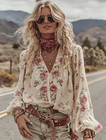 Women's Vacation Roses Print V-neck Linen Blend T-shirt