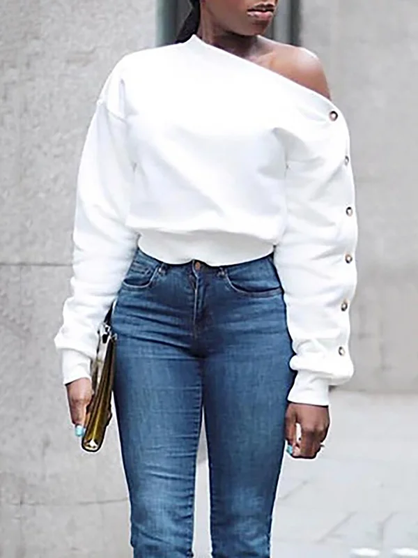 Solid Color Long Sleeves Loose One-Shoulder Blouses&Shirts Tops