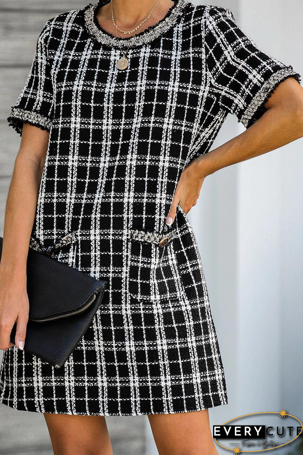 Casual Plaid Split Joint O Neck Straight Dresses