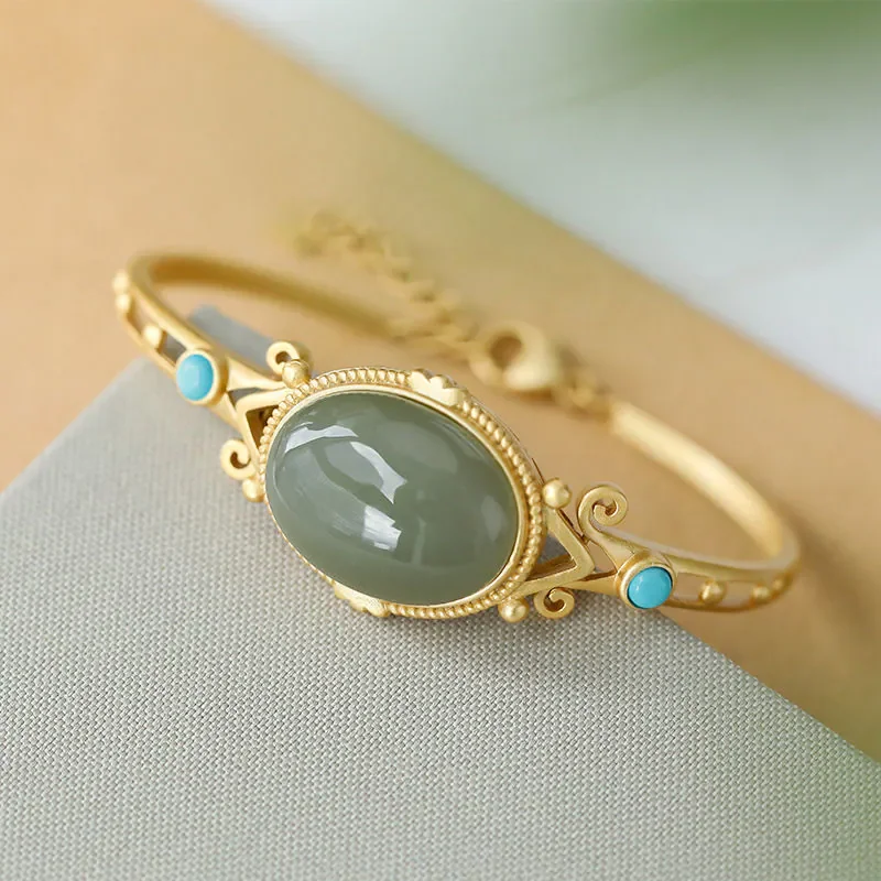 Handcrafted Jade Bracelet with Gold-plated 925 Sterling Silver and Turquoise Inlay