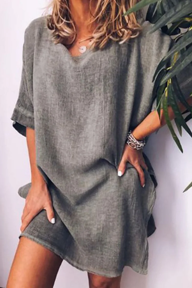 Boat Neck Half Sleeve Casual Slit Linen Mini Dress