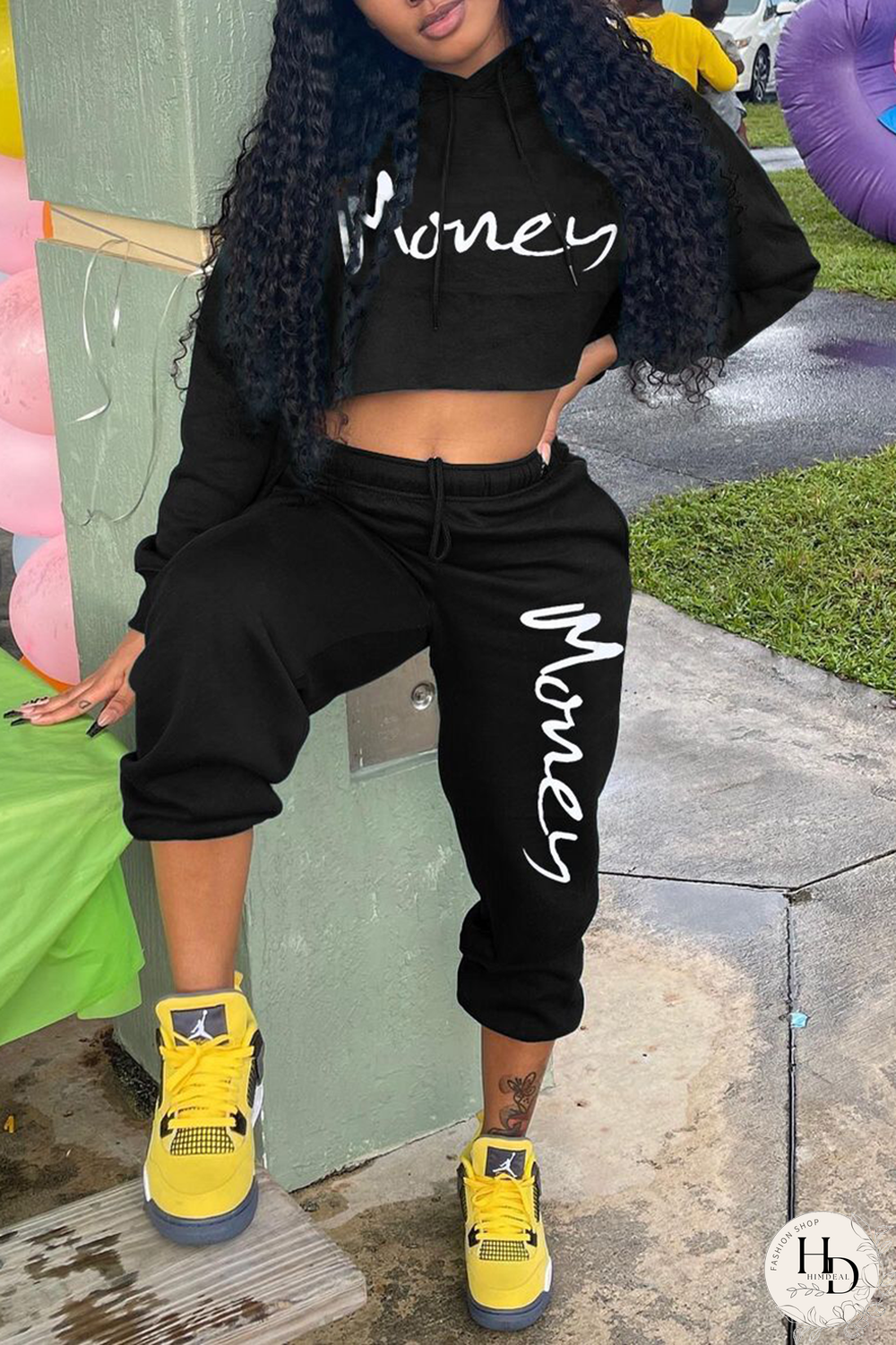 Black Casual Print Split Joint Hooded Collar Long Sleeve Two Pieces