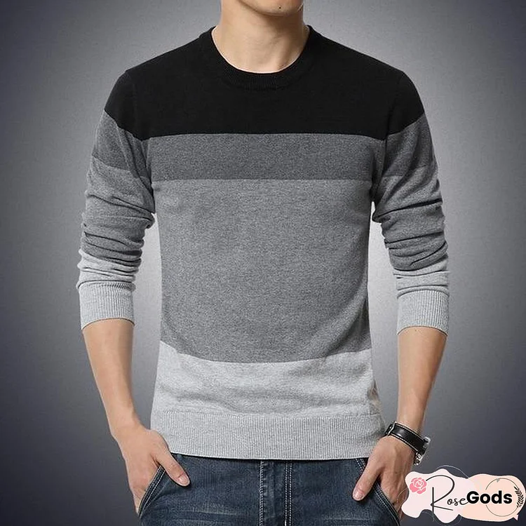 Casual Men's Sweater O-Neck Striped Slim Fit Knitwear