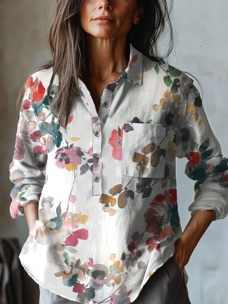 Women's Floral Art  Print Casual Cotton And Linen Shirt