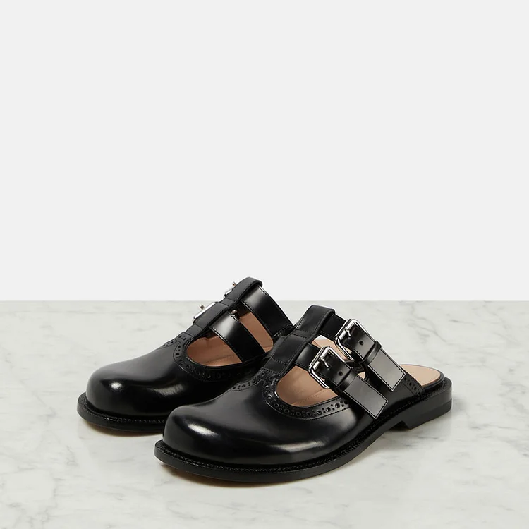 Black Round Toe Low Block Heel Mary Janes Mules for Women |FSJ Shoes